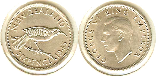 New Zealand 6 Pence 1943 Unc